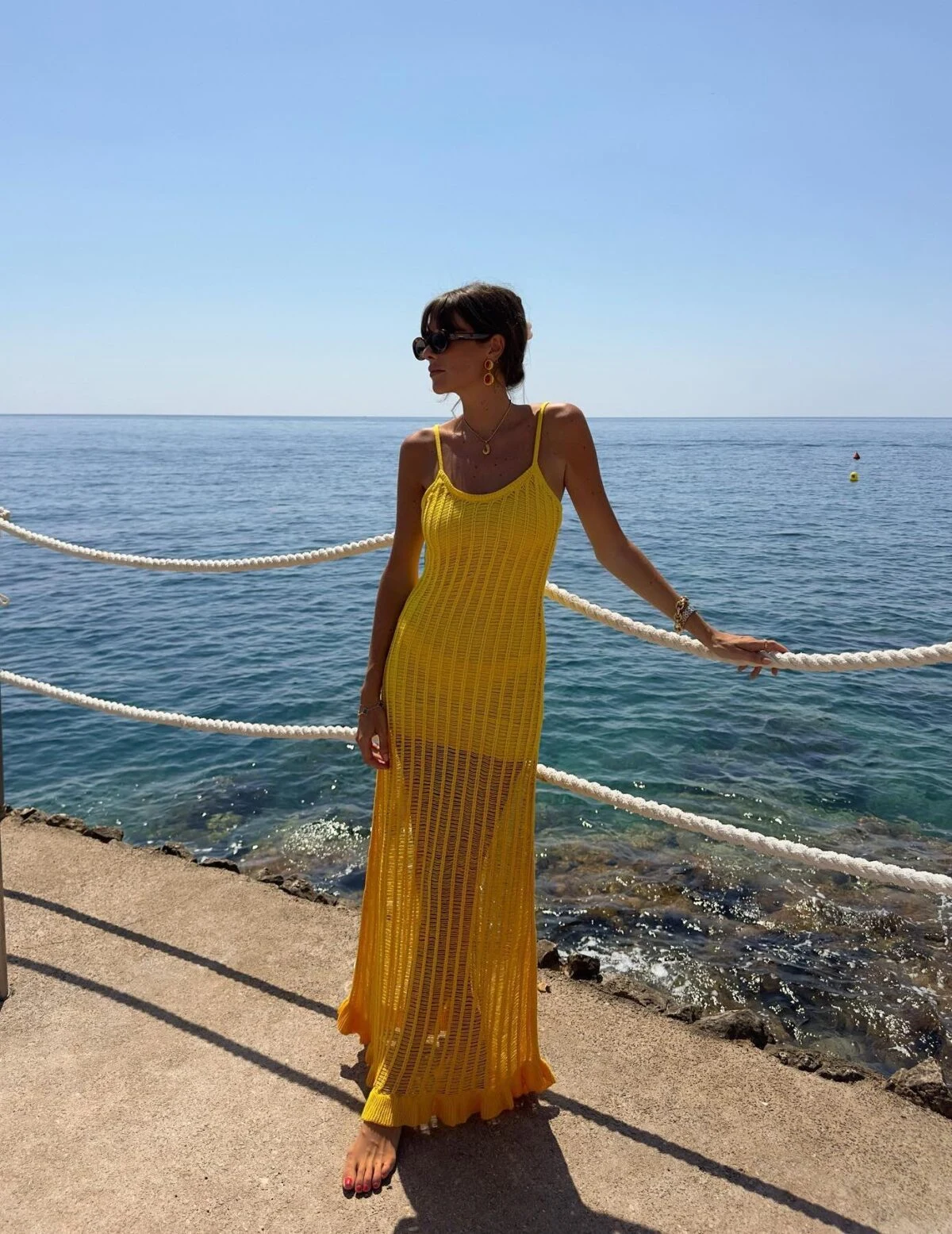 Yellow Crochet Knit Maxi Dress Coastal Vacation Outfit