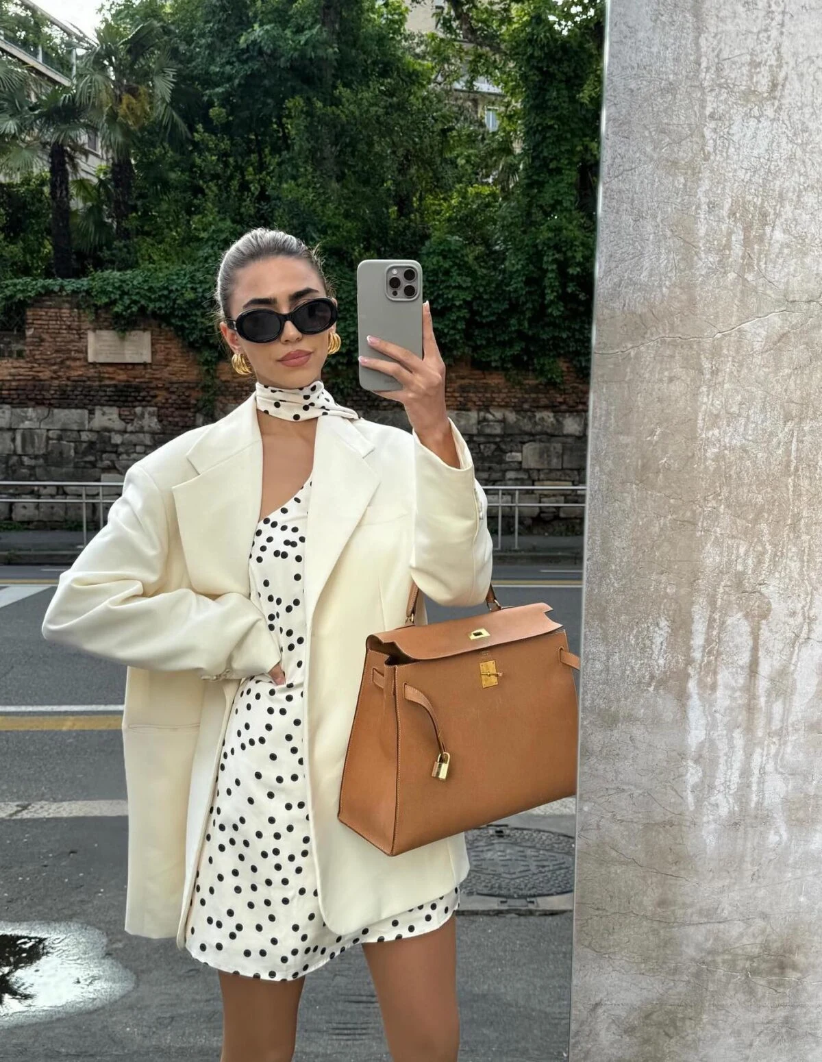Cream Blazer Polka Dot Mini Dress Outfit