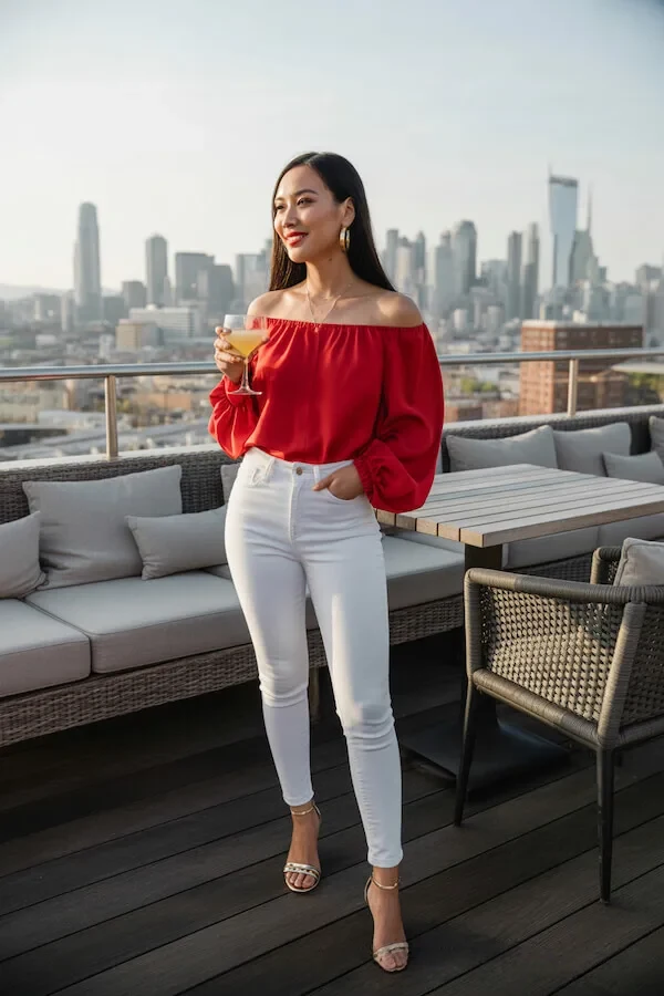 Red Off-Shoulder Blouse with White High-Waisted Jeans