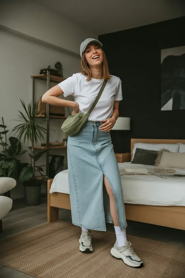 White T-Shirt Light Denim Maxi Skirt with Front Slit Outfit