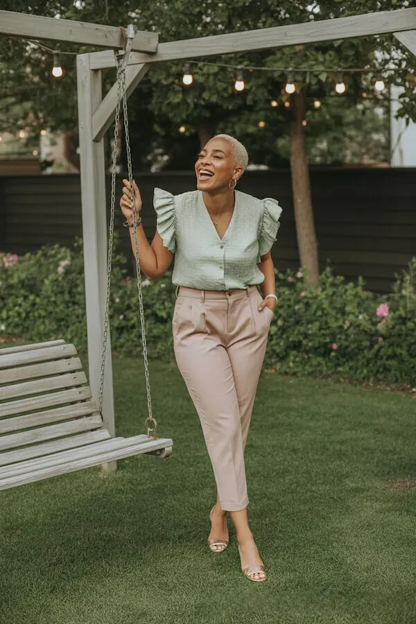 Sage Green Puff Sleeve Blouse with Beige Pleated Trousers