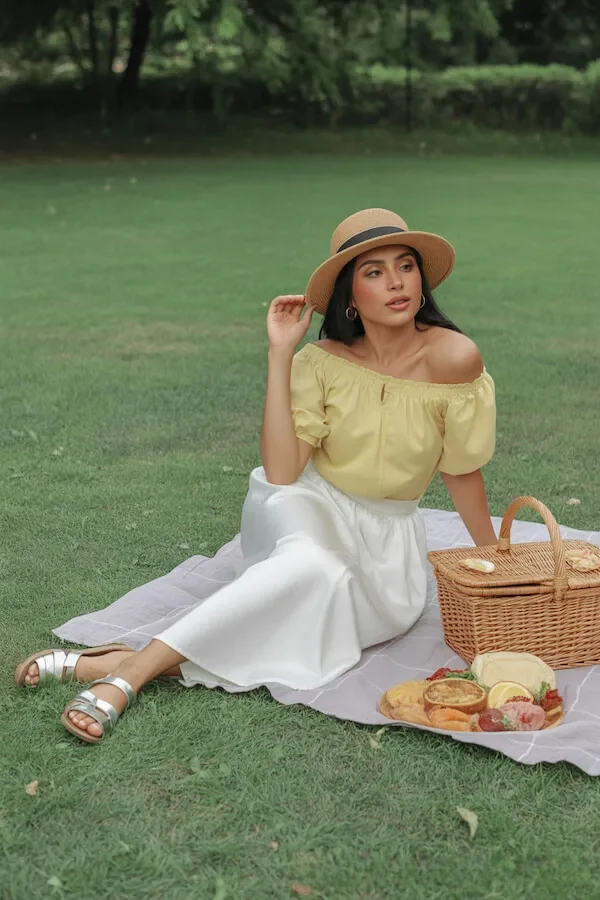 Yellow Off-Shoulder Top White Linen Culottes Picnic Outfit