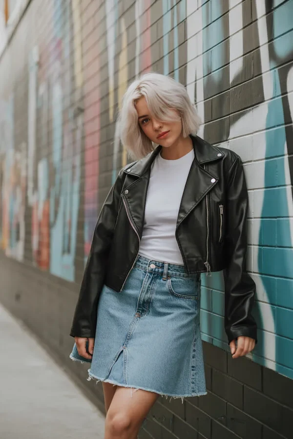 Black Leather Moto Jacket White Tee Light Denim Skirt Outfit