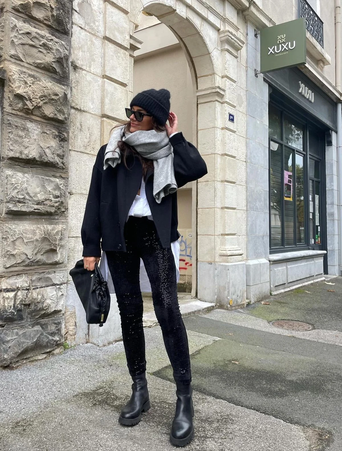 Black Blazer Grey Scarf Outfit with Chelsea Boots