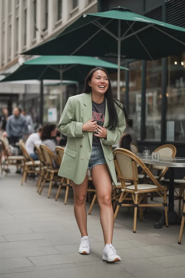 Sage Green Oversized Blazer with Graphic Tee and Denim Shorts