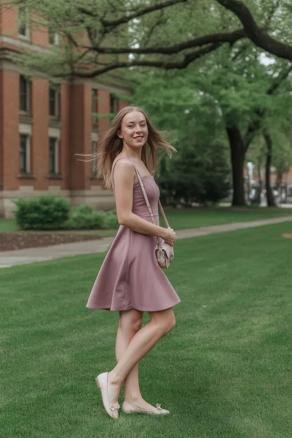 Dusty Rose Fit and Flare Mini Dress with Ballet Flats