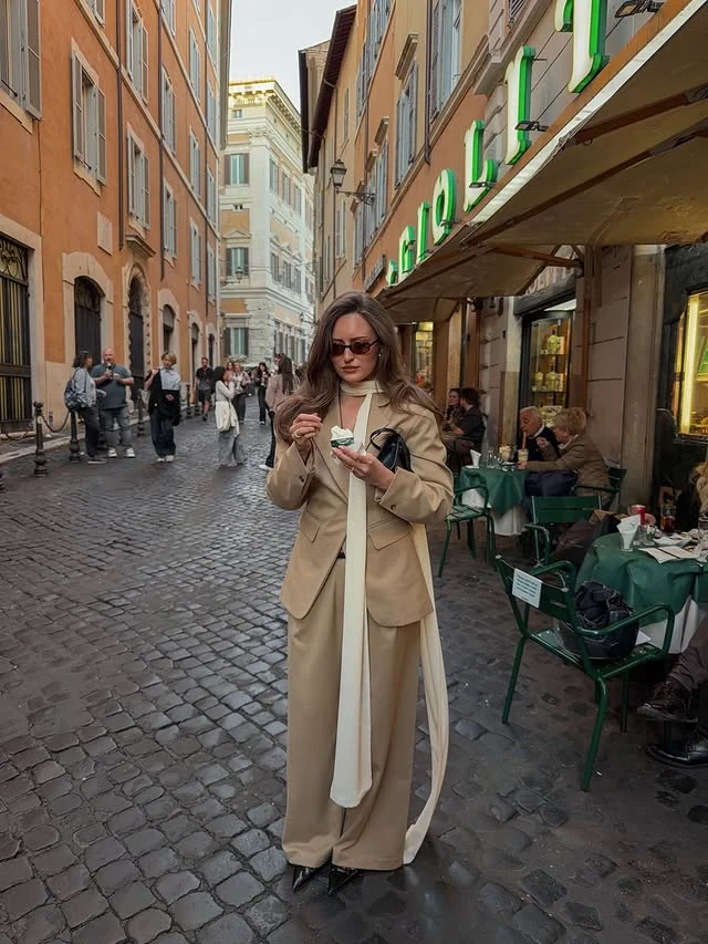 Camel Blazer Wide-Leg Trousers Outfit for City Travel