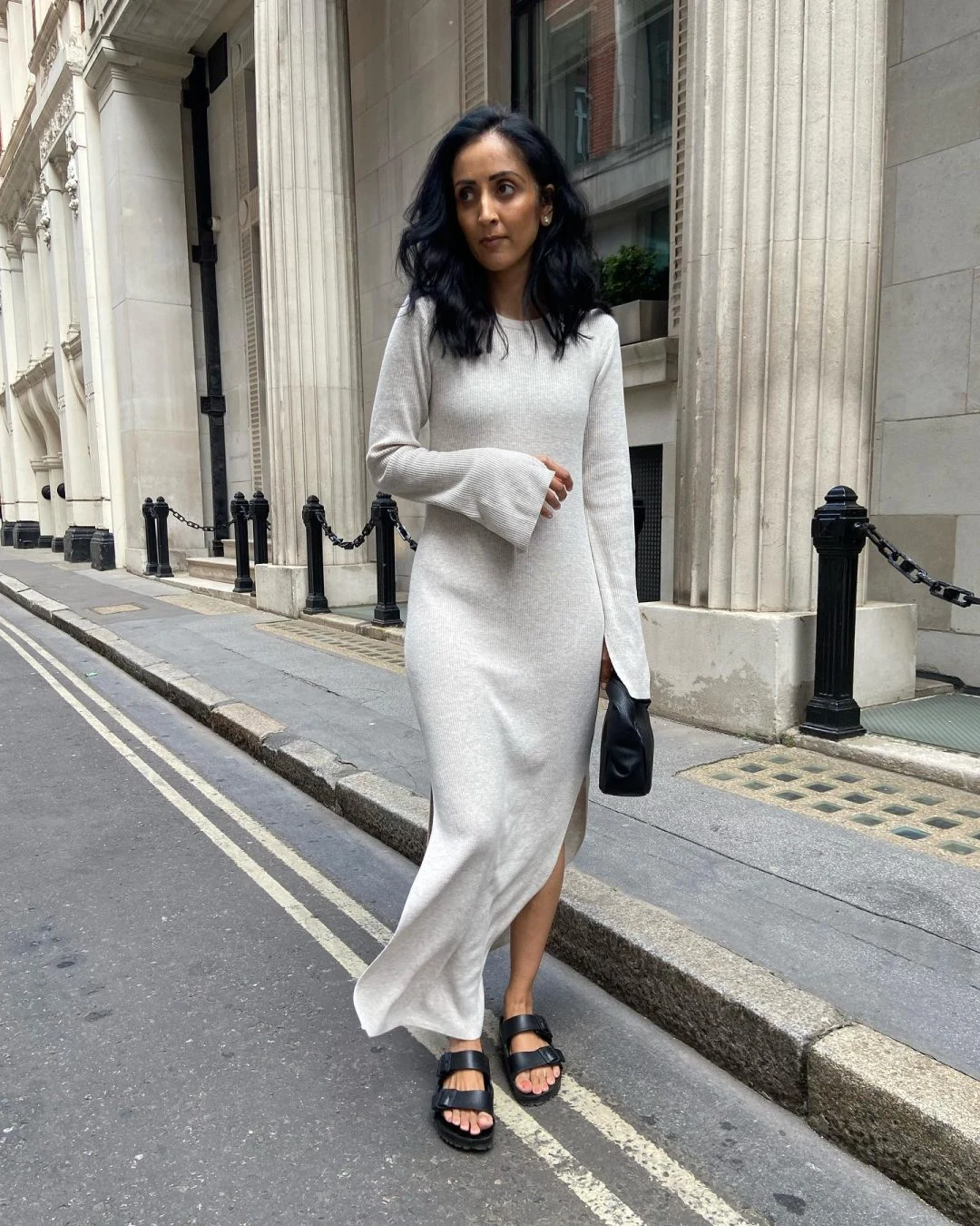 Grey Ribbed Knit Maxi Dress with Side Slit Outfit
