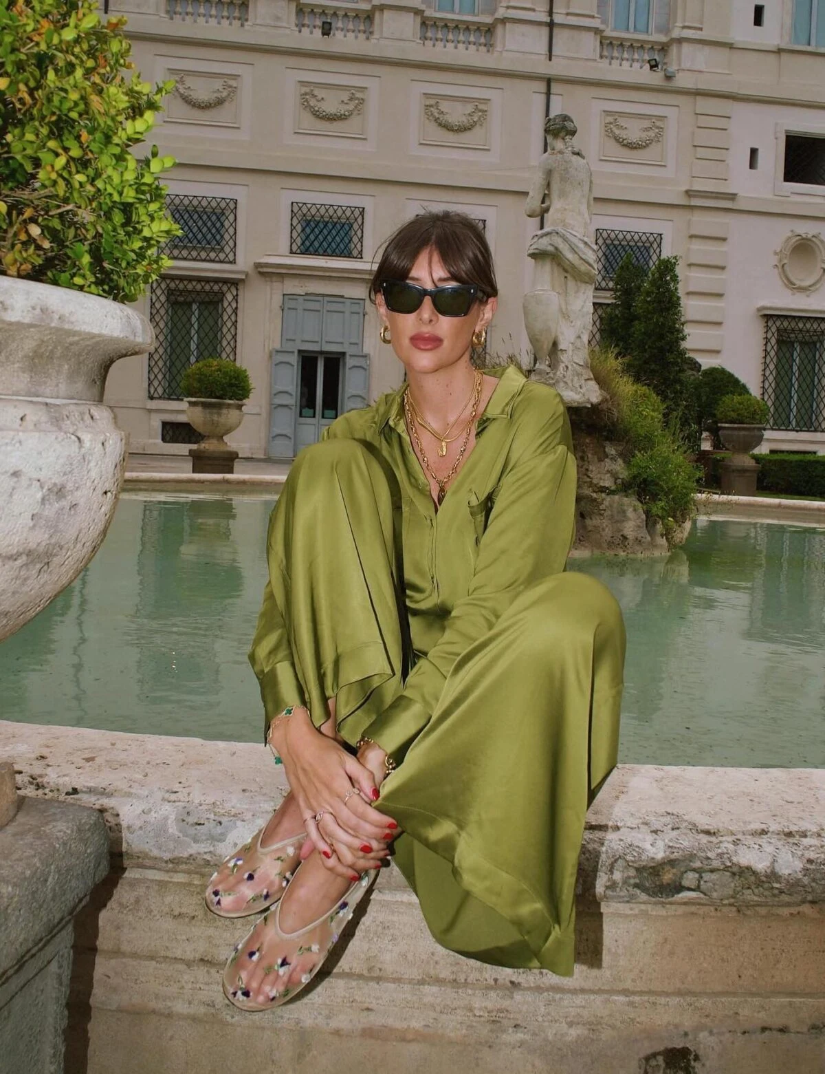Olive Green Satin Co-Ord Outfit for European Summer