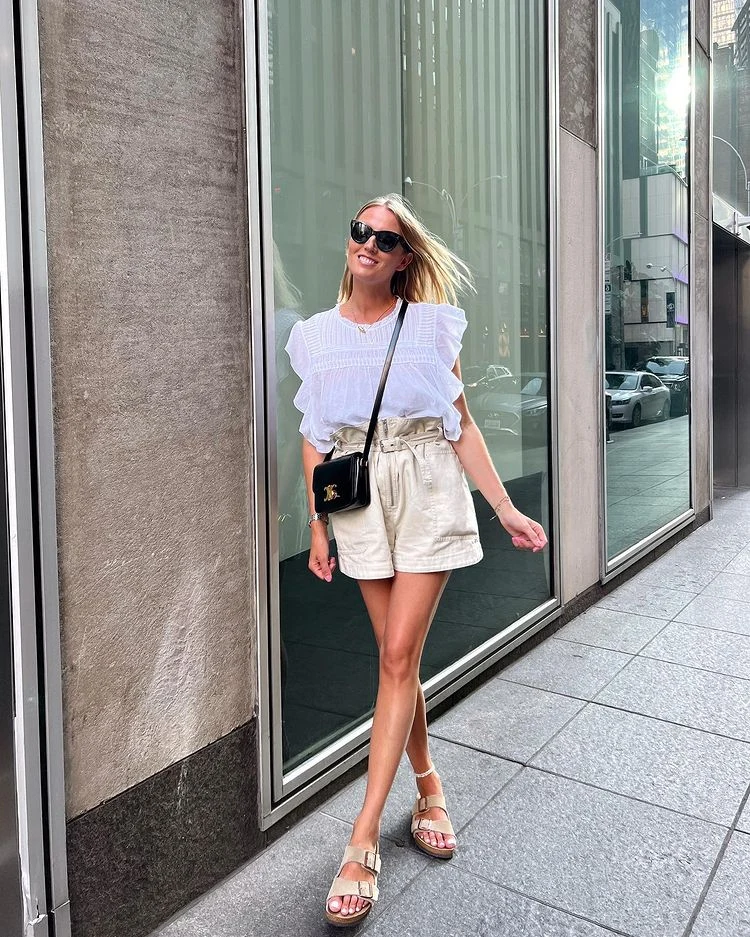 White Ruffle Sleeve Top Beige Linen Shorts Outfit