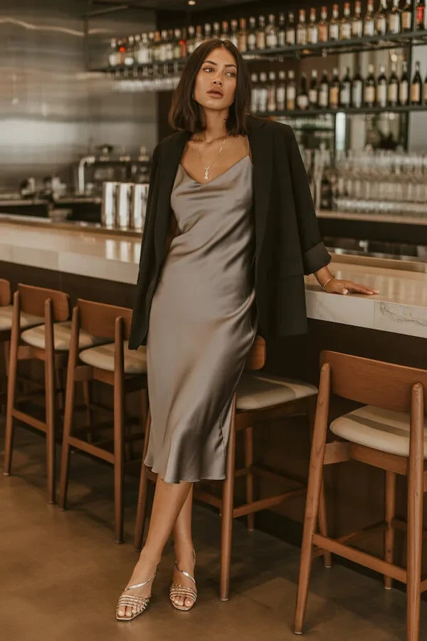 Black Blazer Champagne Silk Slip Dress Outfit