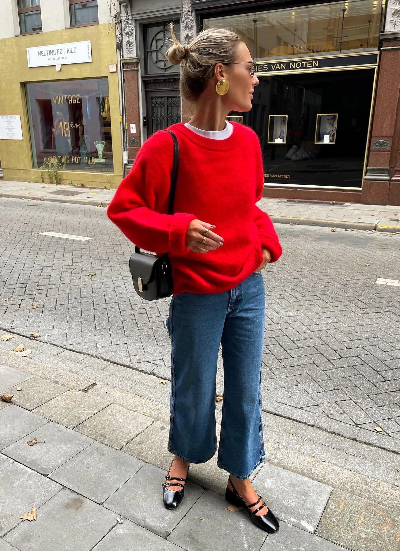 Red Oversized Sweater Outfit with Wide Leg Jeans