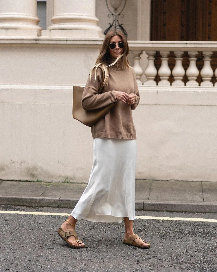 Camel Sweater Cream Slip Skirt Outfit