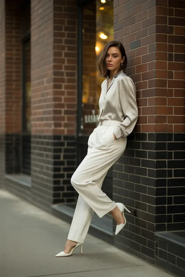 Cream Belted Jumpsuit Outfit with White Heels