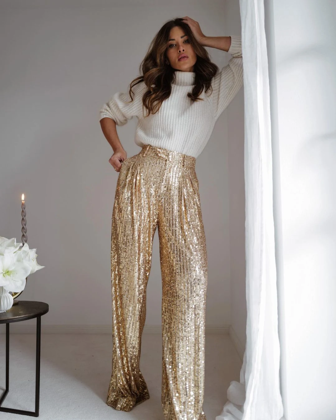 Cream Sweater Gold Sequin Trousers Party Outfit