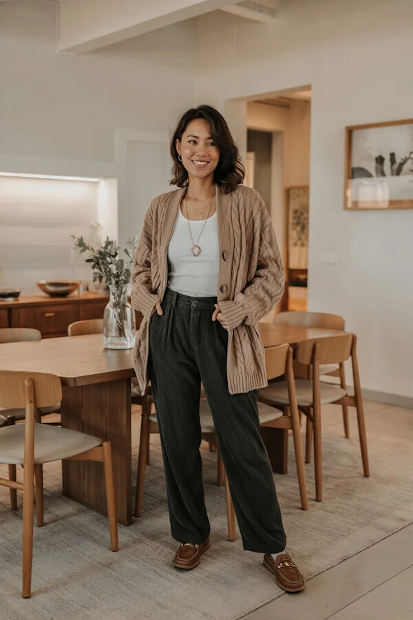 Beige Cable Knit Cardigan Outfit with Black Wide-Leg Trousers