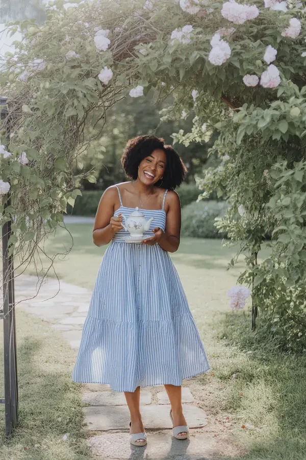 Blue and White Striped Midi Dress with Ruched Bodice for Garden Party