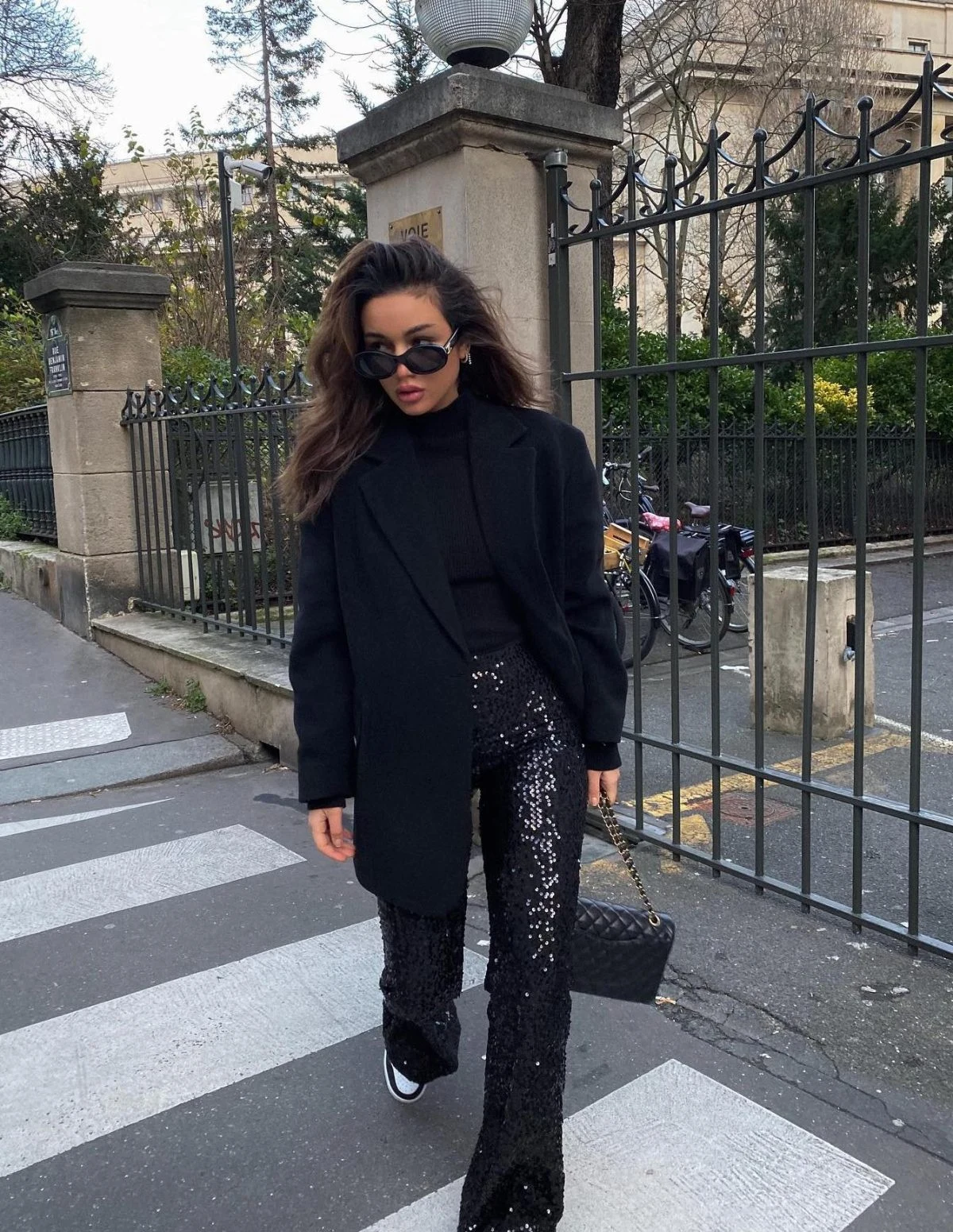 Black Blazer Sequin Trousers Outfit for Evening