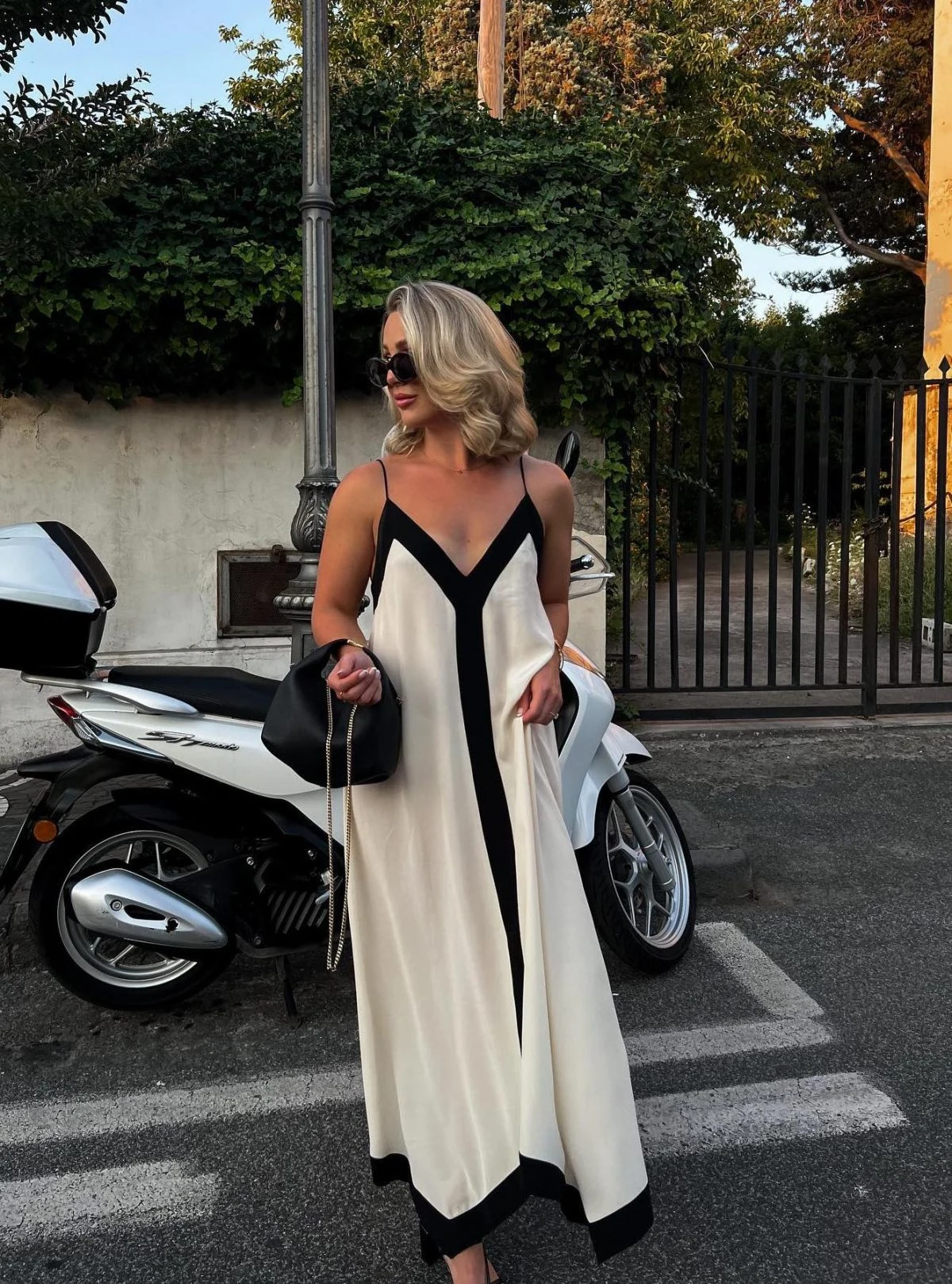 Ivory Black Contrast Trim Slip Dress Summer Evening