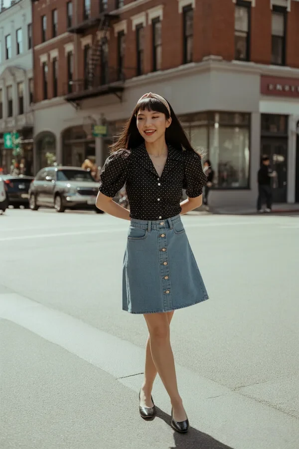 Black Polka Dot Puff Sleeve Blouse with Denim Button-Front Skirt