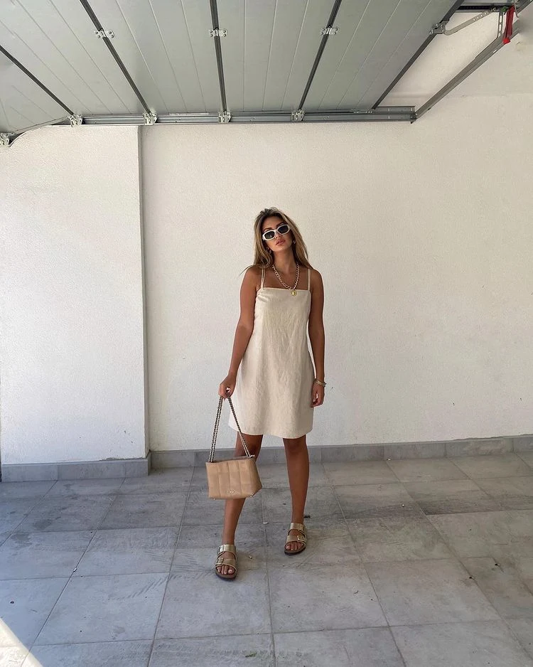 Cream Linen Mini Dress Outfit with Gold Sandals