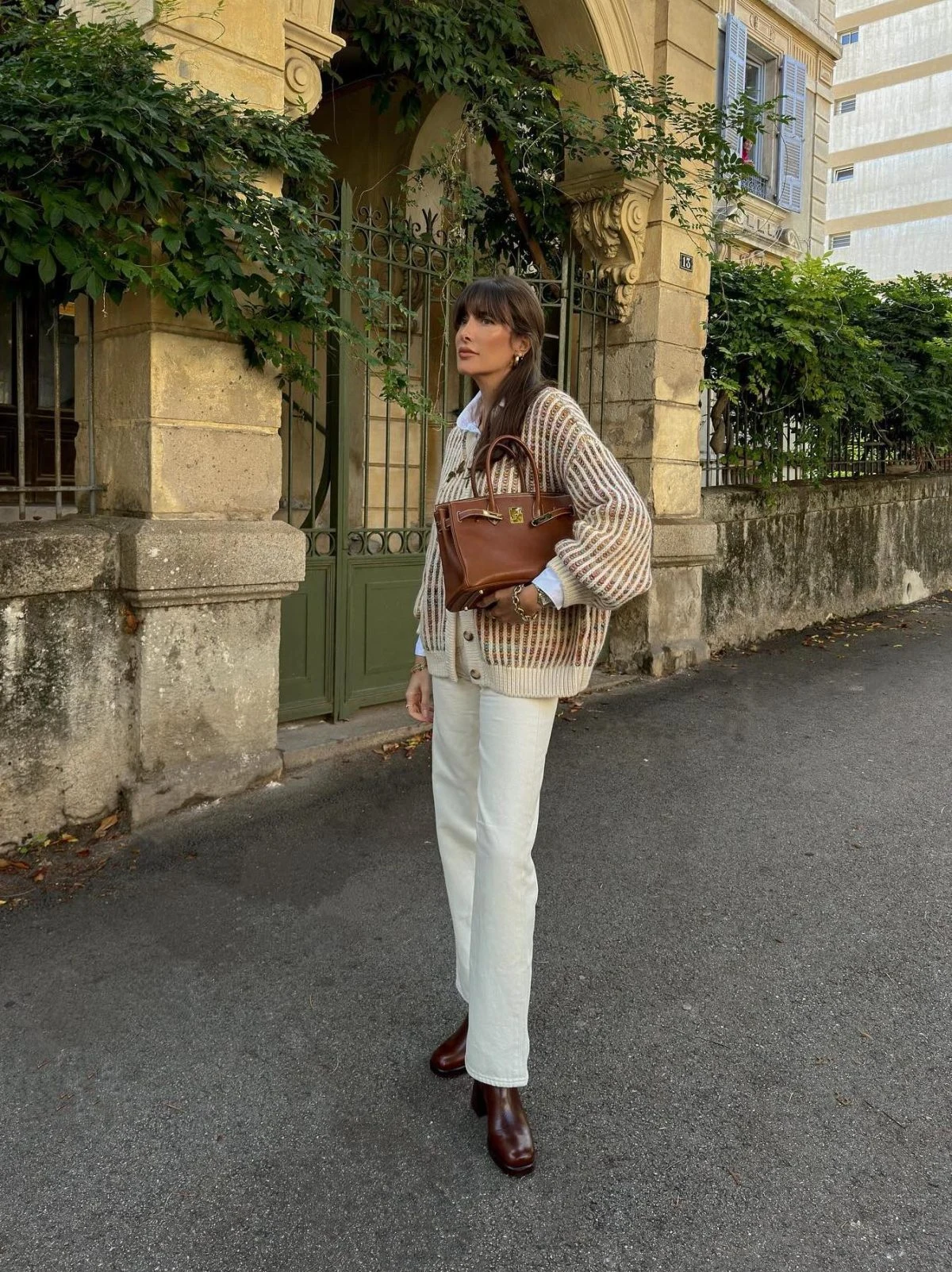 Striped Knit Cardigan Outfit with Cream Trousers