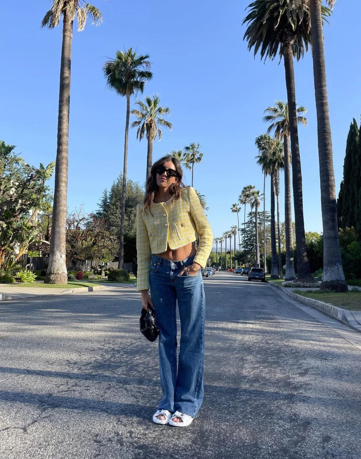 Yellow Cropped Tweed Jacket Wide-Leg Jeans Outfit