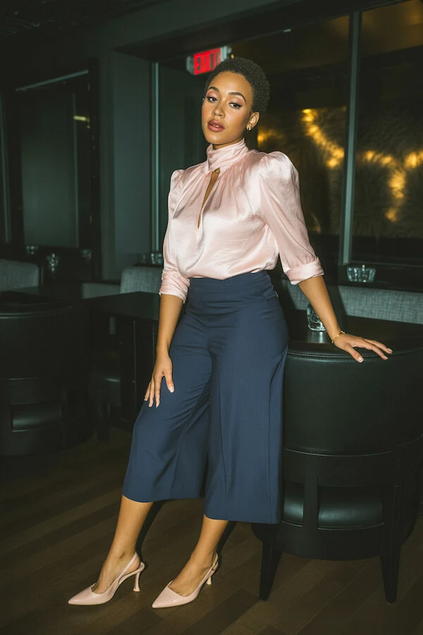 Blush Pink Satin Blouse Navy Culottes Office Outfit