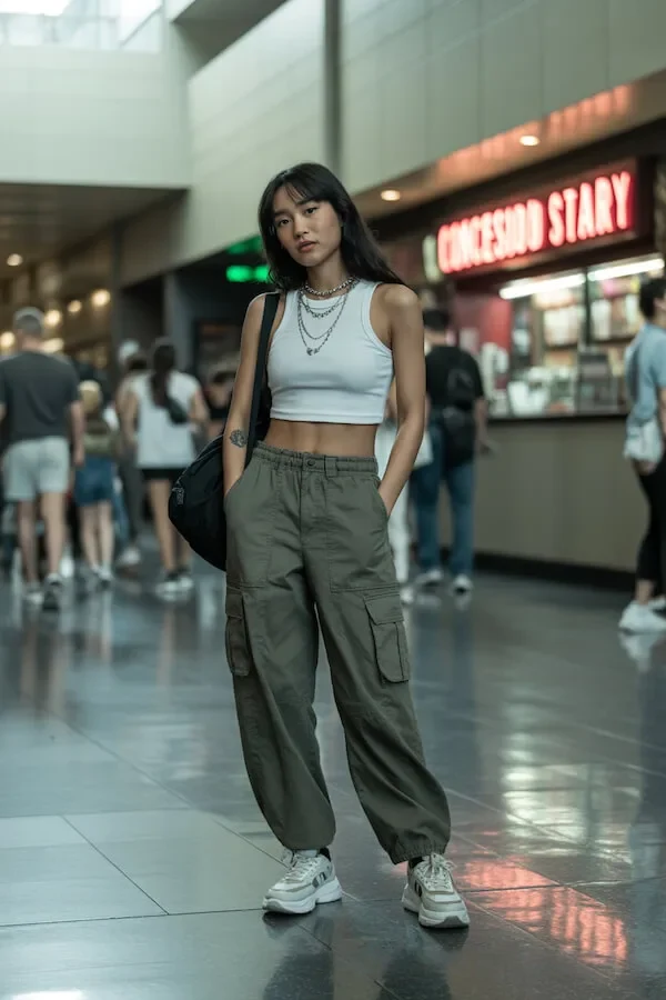 White Crop Tank with Olive Cargo Pants and Layered Chain Necklaces