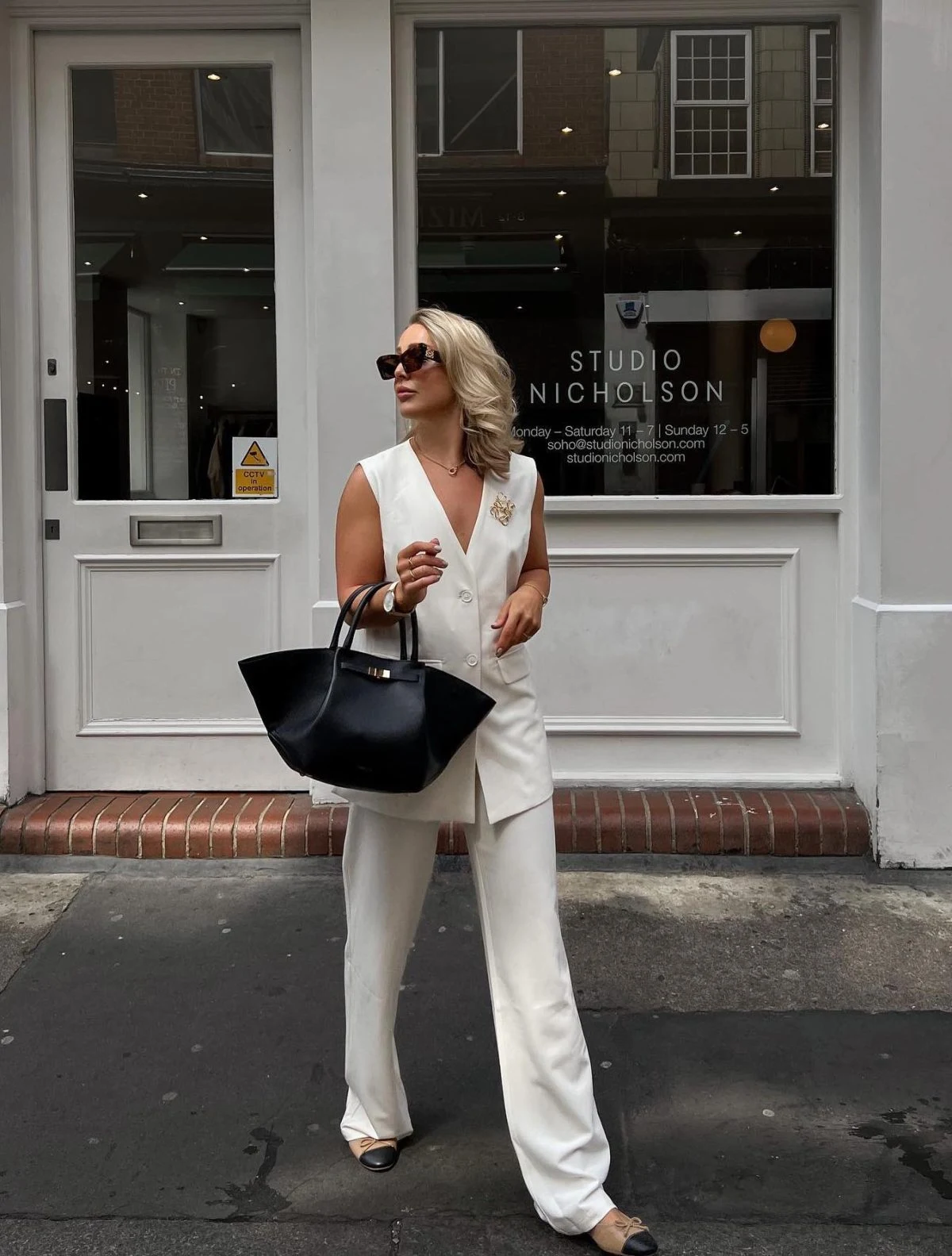 White Vest Blazer Outfit with Wide Leg Trousers