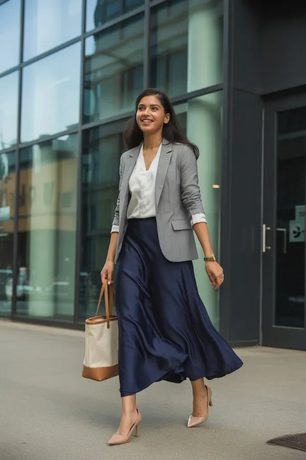 Grey Blazer Navy Midi Skirt Work Outfit with Nude Pumps