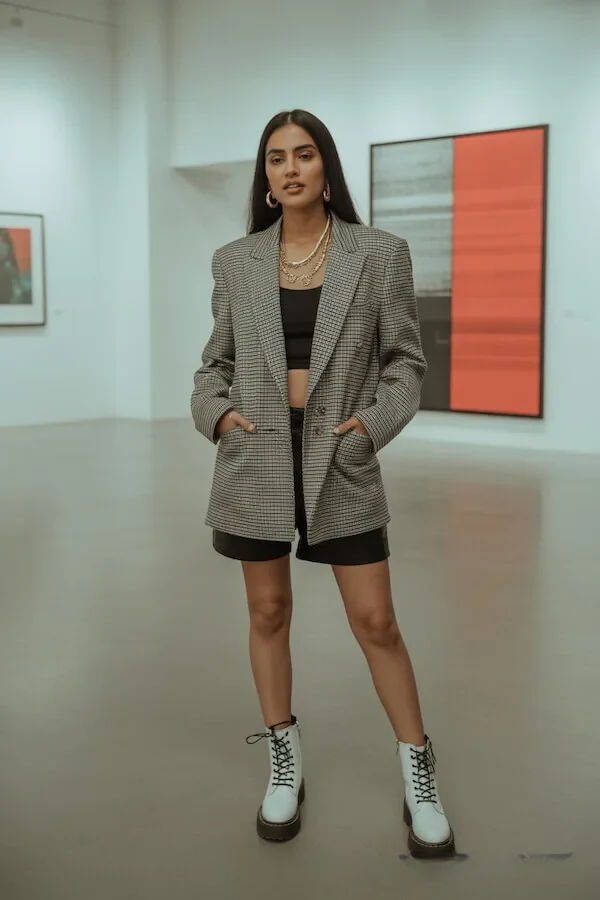 Houndstooth Blazer Black Bike Shorts White Combat Boots Outfit