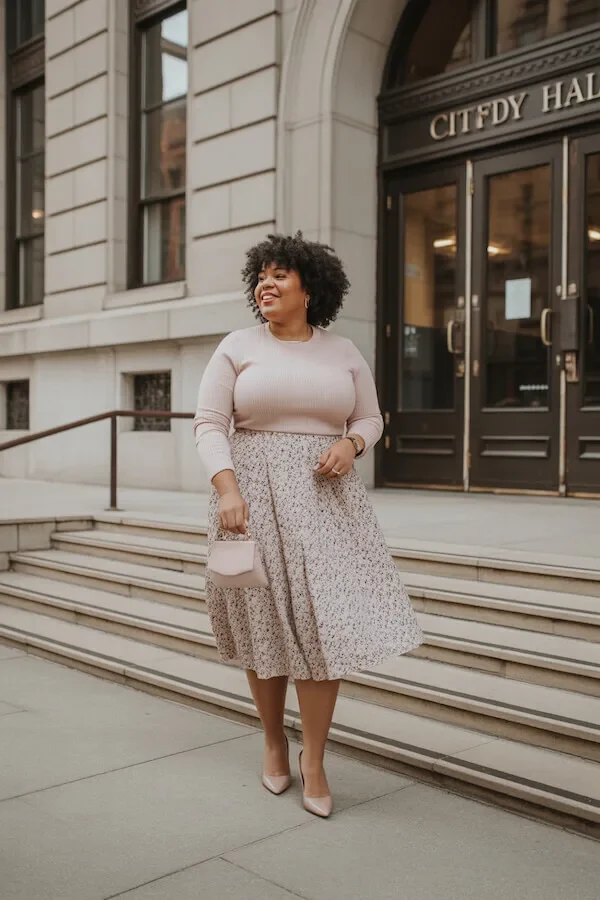 Beige Fitted Knit Top with Floral Midi Skirt and Pointed Pumps