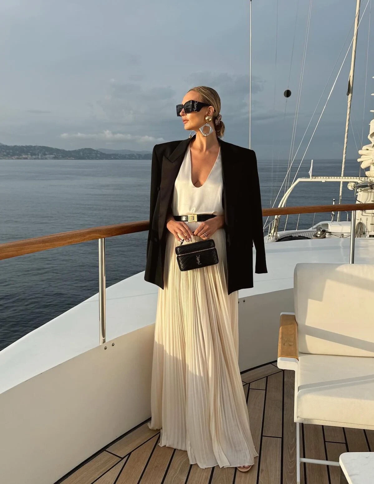 Black Blazer Ivory Pleated Maxi Skirt Outfit