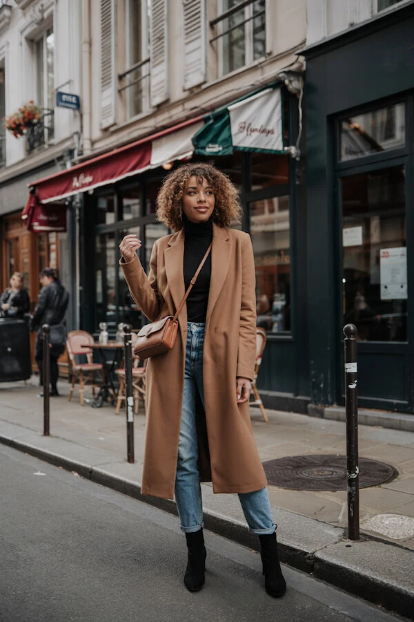 Camel Coat Black Turtleneck Outfit with Light-Wash Jeans