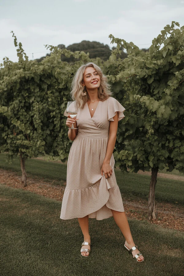 Beige Wrap Dress Outfit with Flutter Sleeves for Summer