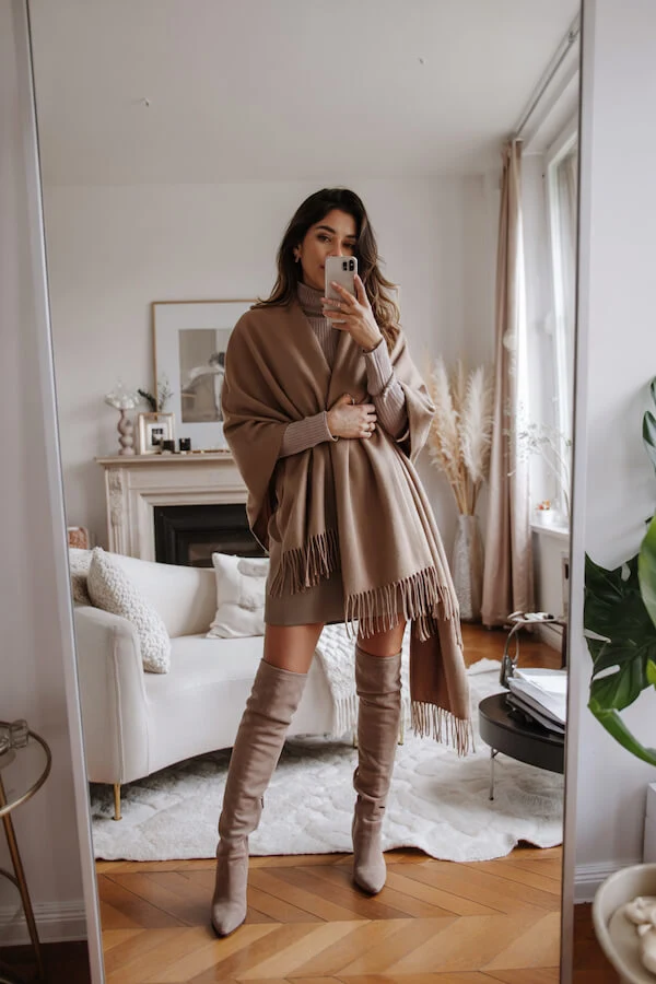 Camel Turtleneck Dress with Fringe Scarf and Taupe Boots