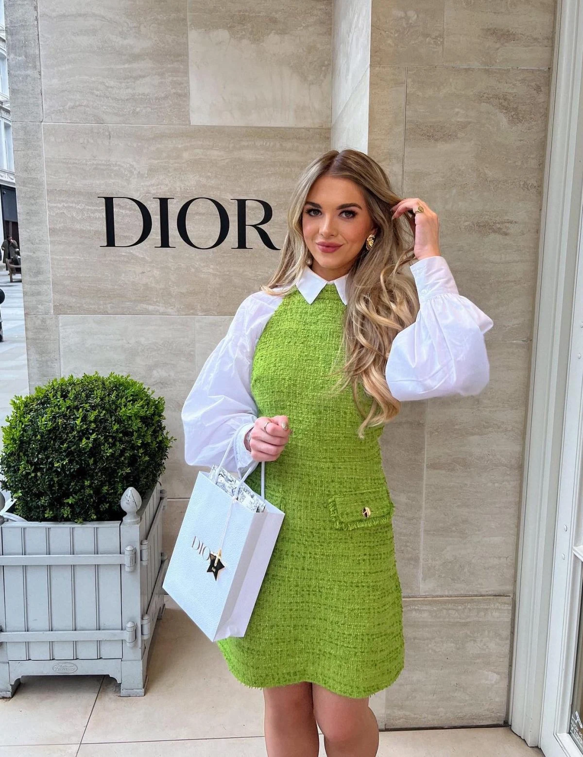 Lime Green Knit Vest Dress Over White Shirt