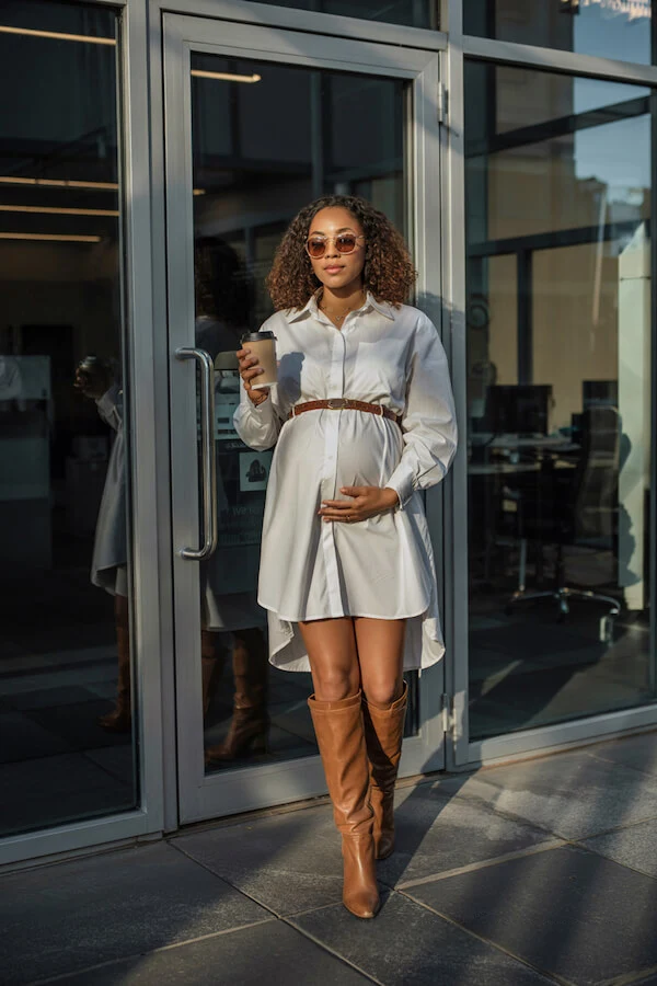 White Shirt Dress Outfit with Tan Knee-High Boots