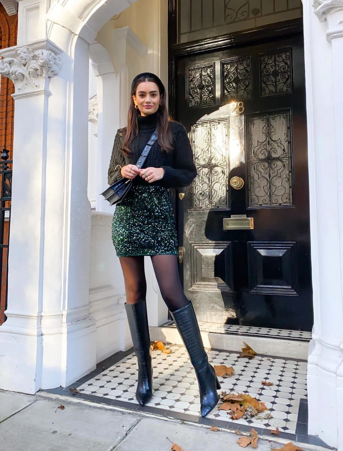 Black Blazer Green Sequin Mini Skirt Knee-High Boots