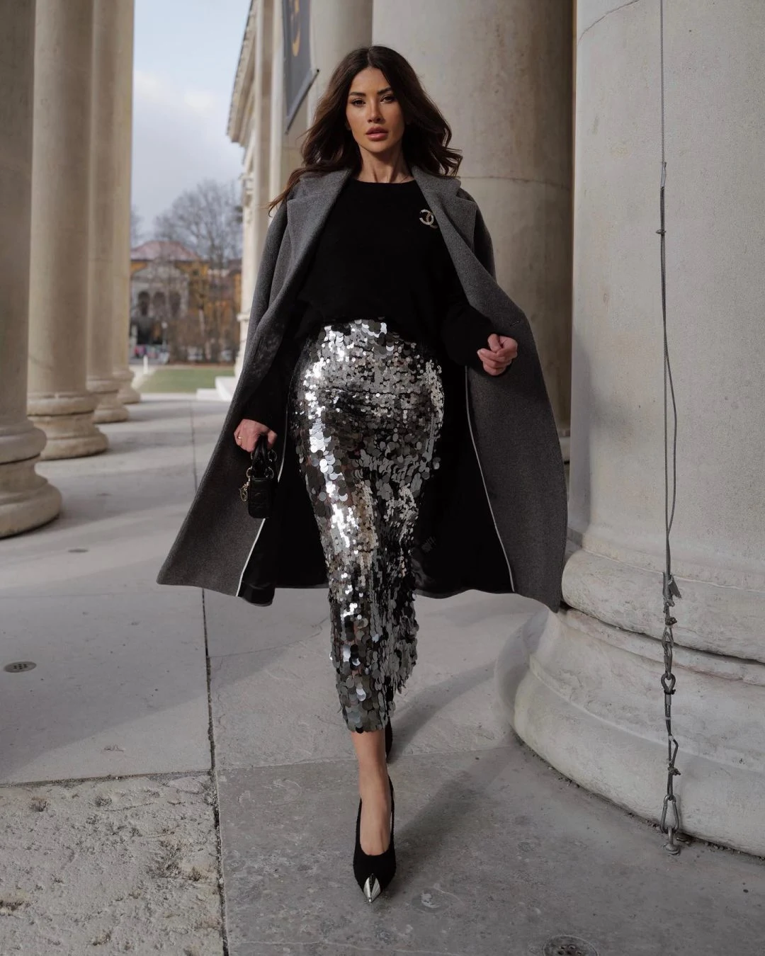 Silver Sequin Midi Skirt Outfit with Grey Coat
