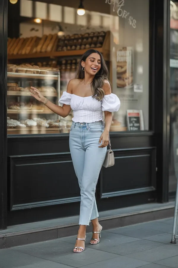 White Off-Shoulder Puff Sleeve Top with Light Wash Straight Leg Jeans