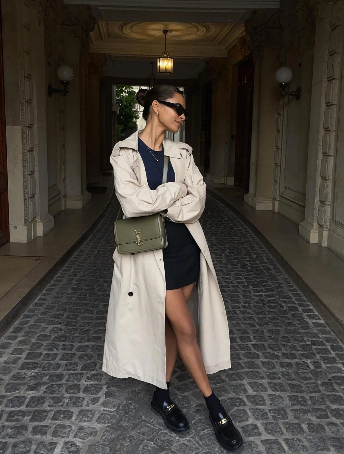 Cream Trench Coat Black Mini Dress Loafer Outfit