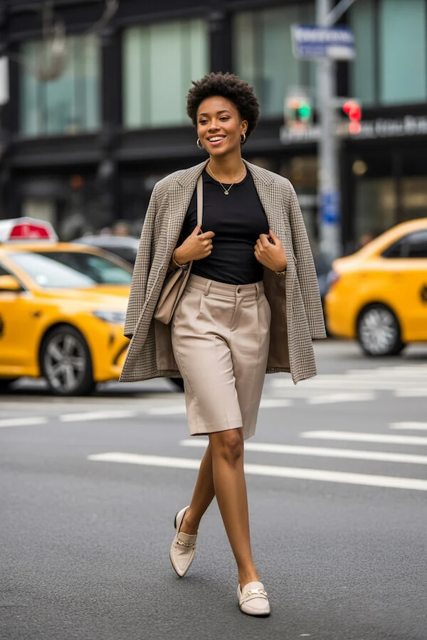 Checked Blazer Bermuda Shorts Outfit for Work