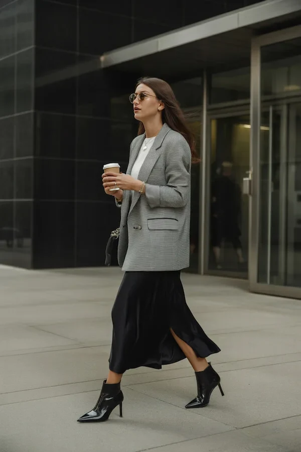 Grey Houndstooth Blazer with Black Midi Skirt and Patent Ankle Boots