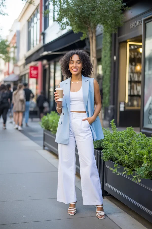 Powder Blue Sleeveless Blazer White Wide-Leg Trousers Summer City Outfit
