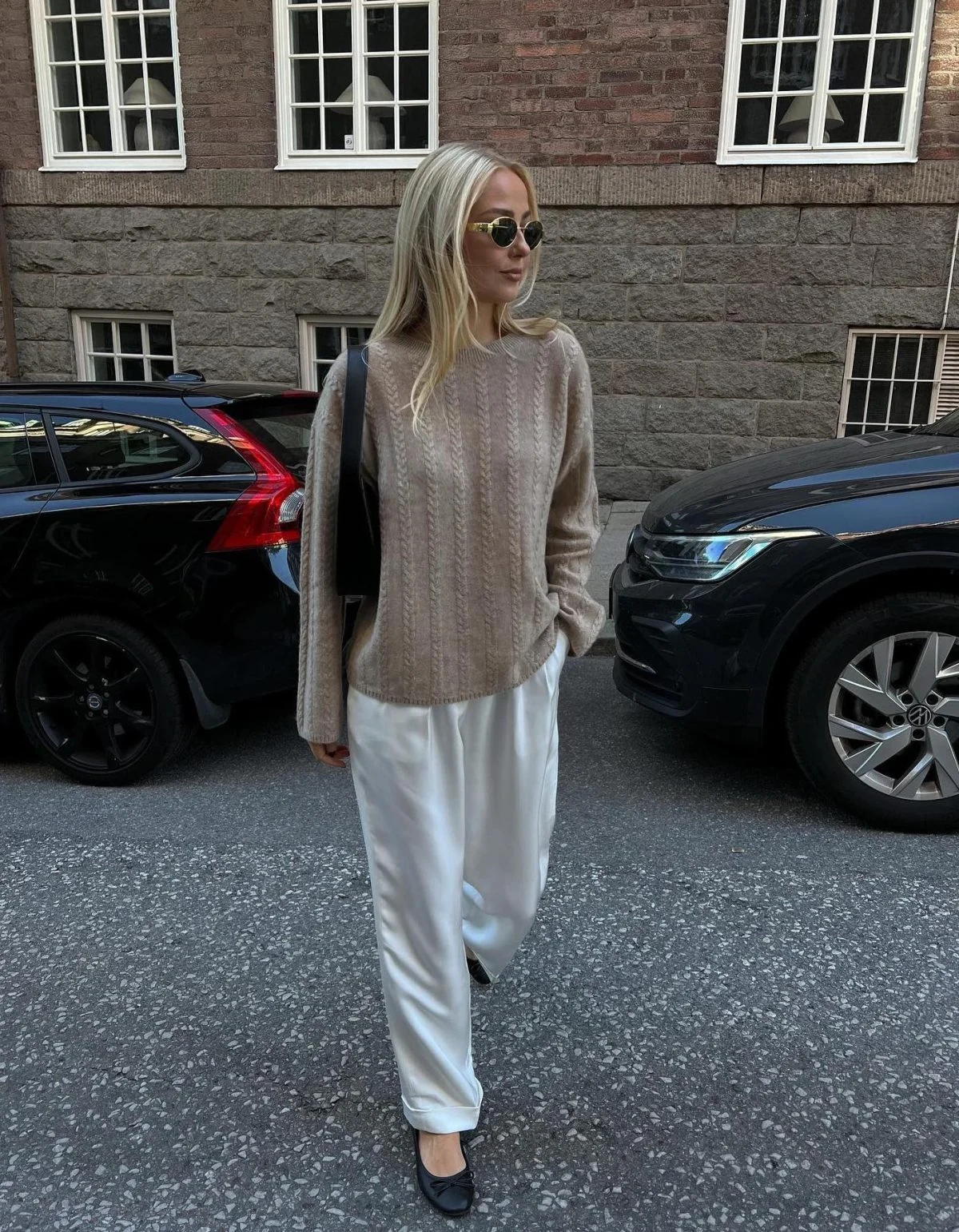 Beige Cable Knit Sweater White Wide-Leg Trousers Outfit