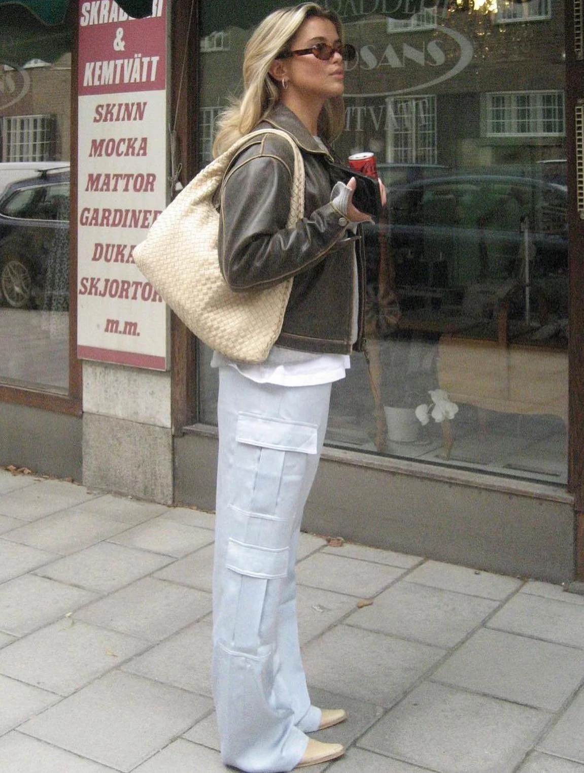 Olive Leather Jacket Outfit with White Cargo Trousers
