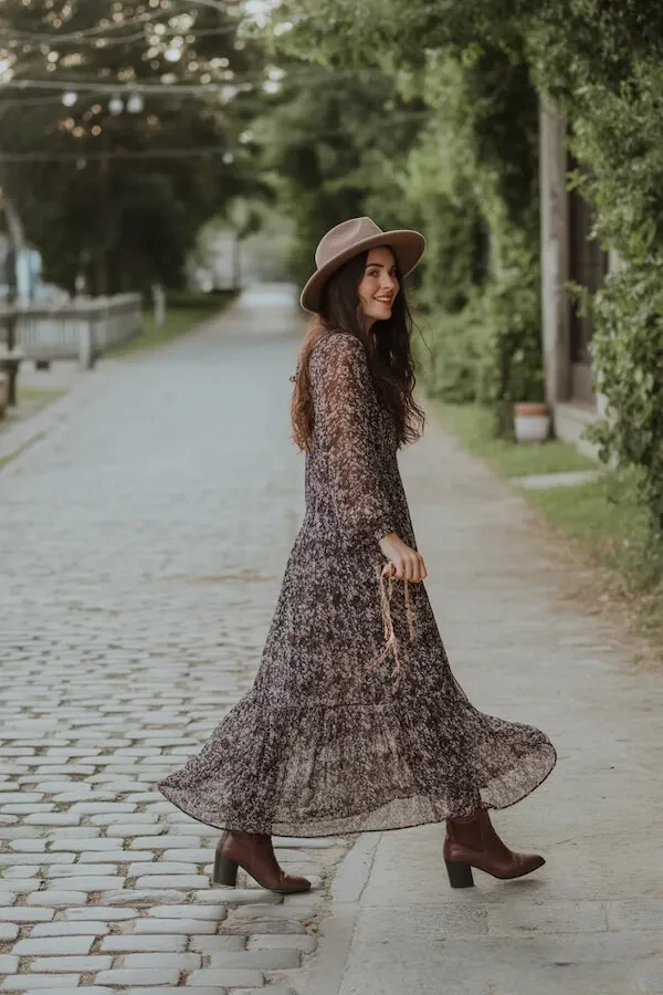 Brown Floral Midi Dress with Tiered Hem and Western Boots