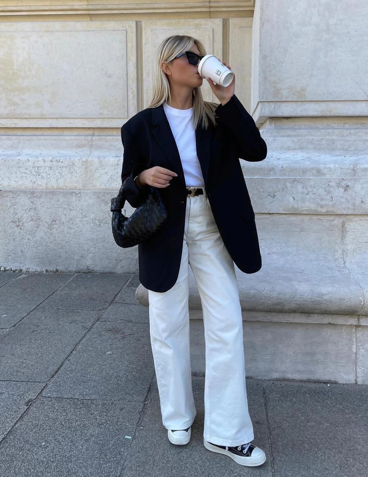 Black Blazer White Wide-Leg Trousers Minimal Outfit